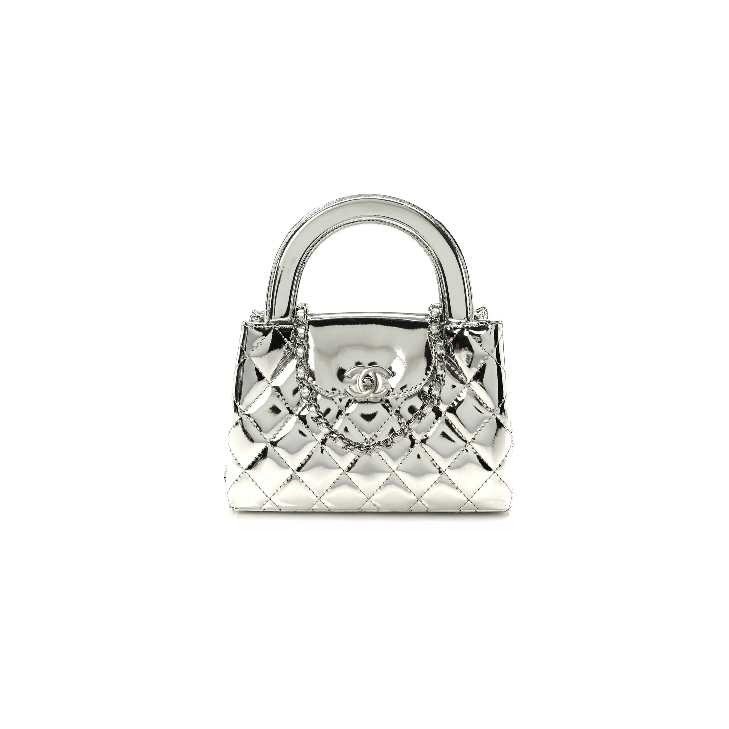 CHANEL MASTER MIRROR CALFSKIN METALLIC CALFSKIN QUILTED NANO KELLY SHOPPER SILVERY  (19*13*7cm) 